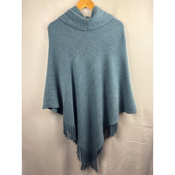 Chicos Blue Knit Poncho With Fringe Hem & Cowl Neck One Size - Picture 4 of 4